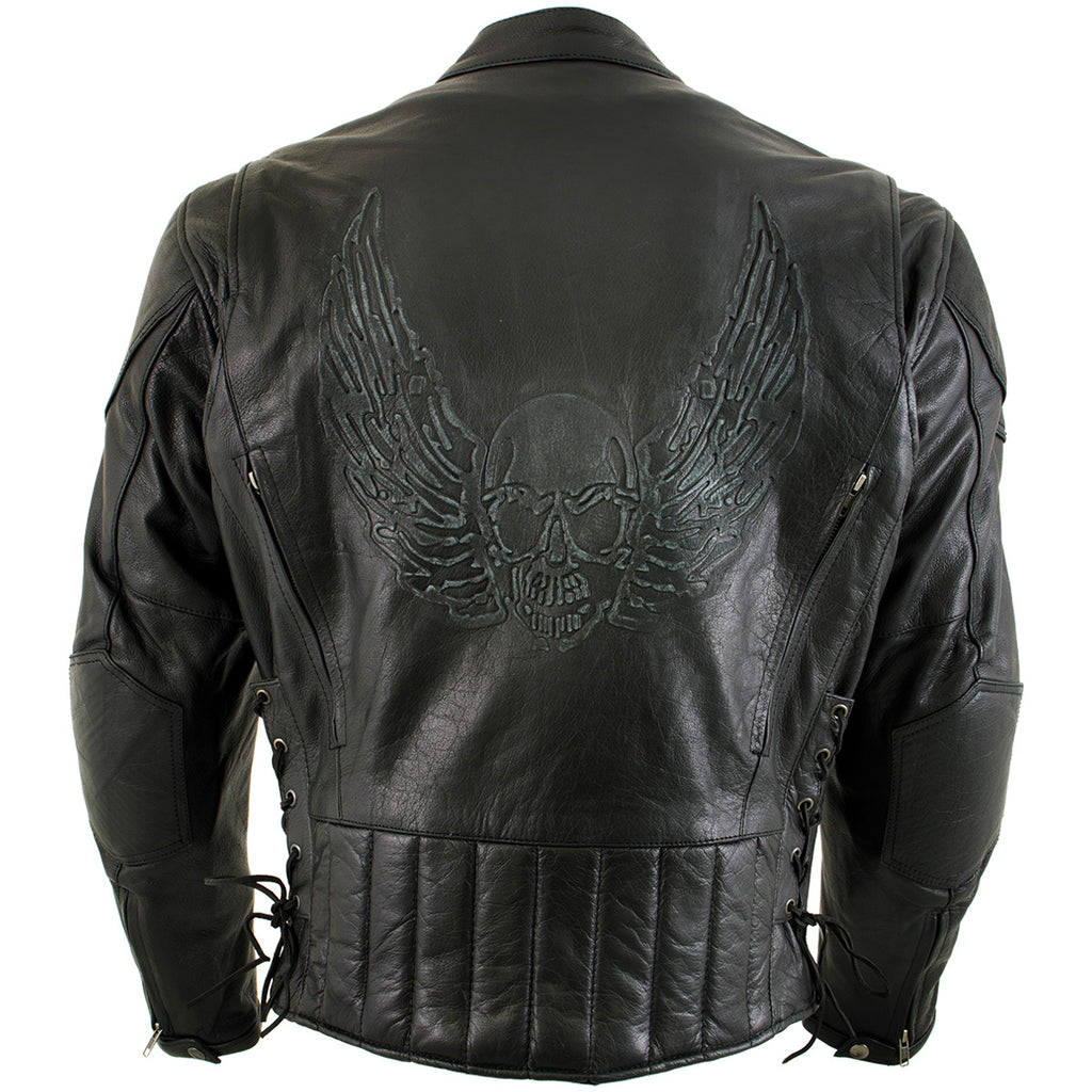 Xelement B96333 Men s Flying Mayhem Skull Black Leather Moto Jacket with X Armor Protection