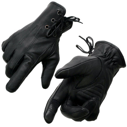 Milwaukee Leather MG7770 Women's Black Leather ’I - Touchscreen Compatible’ Laced Wrist Motorcycle Hand Gloves W/ Gel Palm