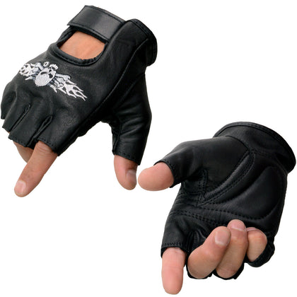 Milwaukee Leather SH353 Men's Black Leather Gel Padded Palm Fingerless Motorcycle Hand Gloves W/ ‘Embroidered Skull & Bones’
