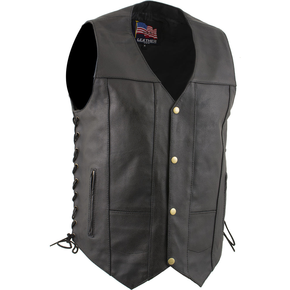 USA Leather 1204 Men's Black 'Dime' Classic Leather Ten Pocket Motorcycle  Biker Vest with Side Laces - Black / Small