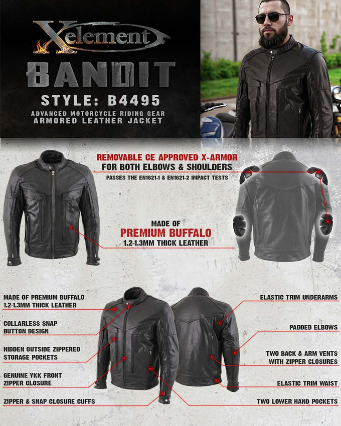 Xelement B4495 Men s Black Bandit Buffalo Leather Cruiser Motorcycle Jacket with X Armor Protection