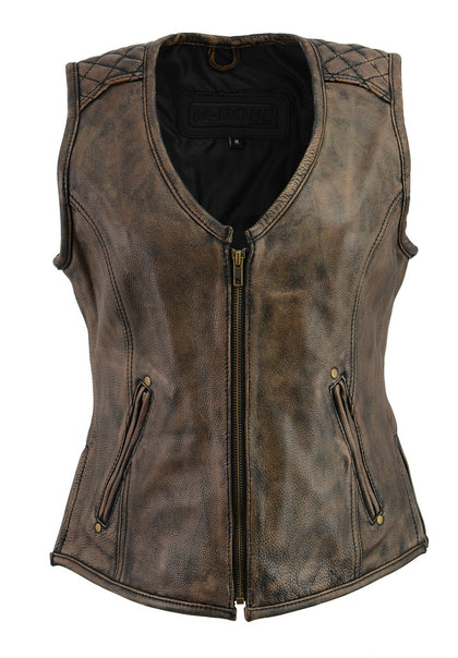 M Boss Motorcycle Apparel BOS24501 Ladies Black and Beige Leather Plain Side Zipper Front Vest