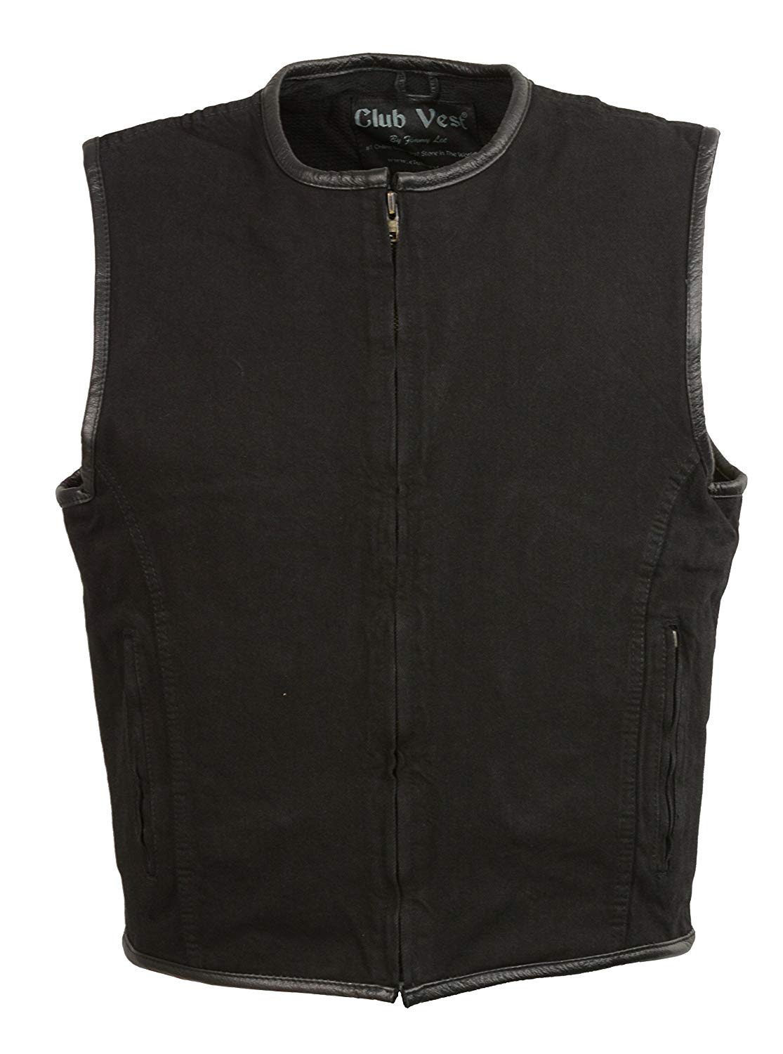 Club Vest CVM3038 Men's Black Denim Collarless Motorcycle Club Style Vest  with Leather Trim