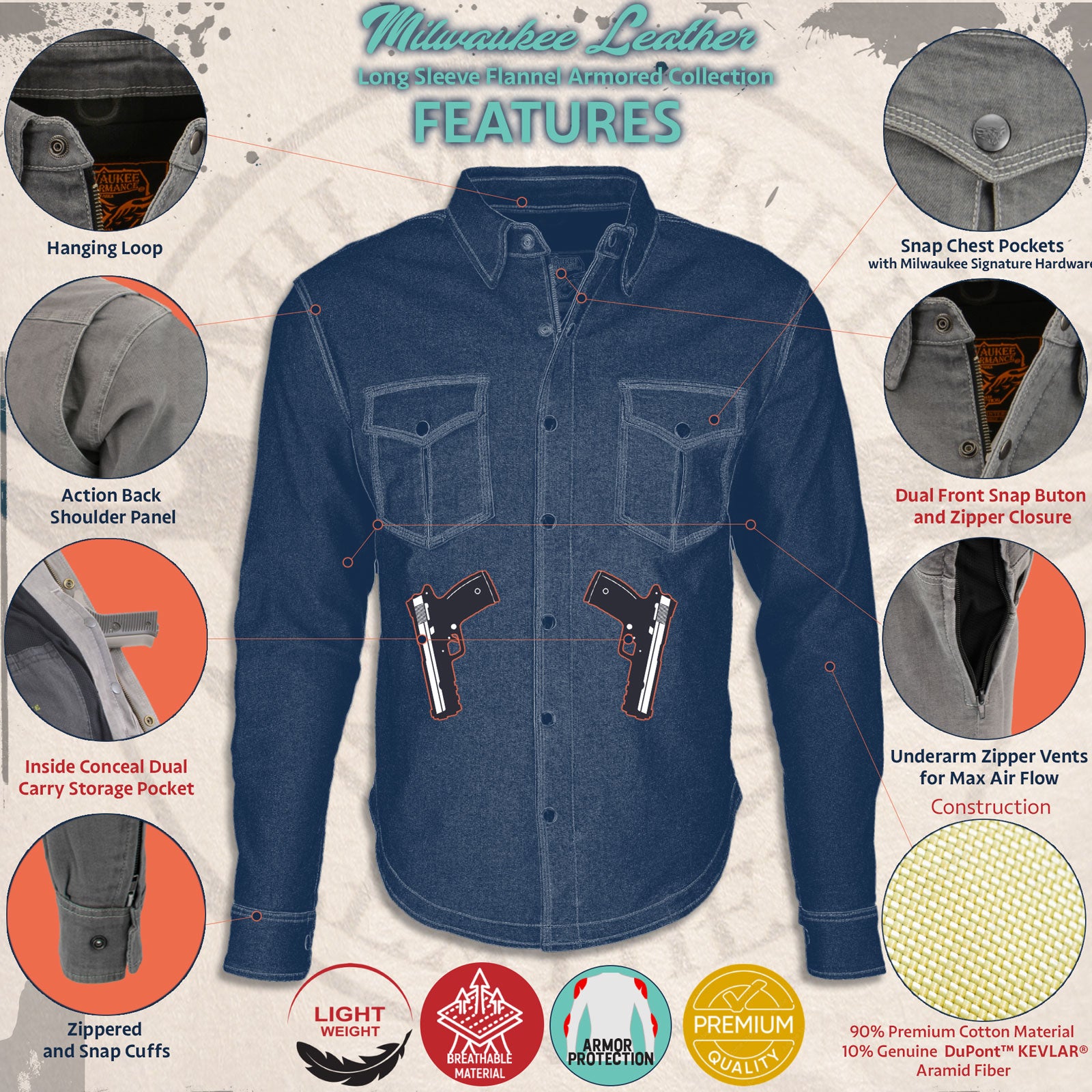 Milwaukee Leather MPM1631 Men's Plaid Flannel Biker Shirt with CE