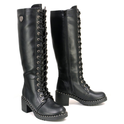 Milwaukee Leather MBL9442 Women's Black Lace-Up Tall Biker Fashion Boots with Platform Heel & Studs