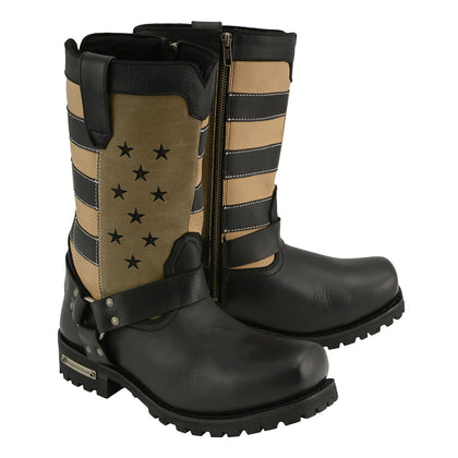 Milwaukee Leather MBM9045 Men's 'Stars and Stripes' Black with Tan Motorcycle Rider Harness Boots