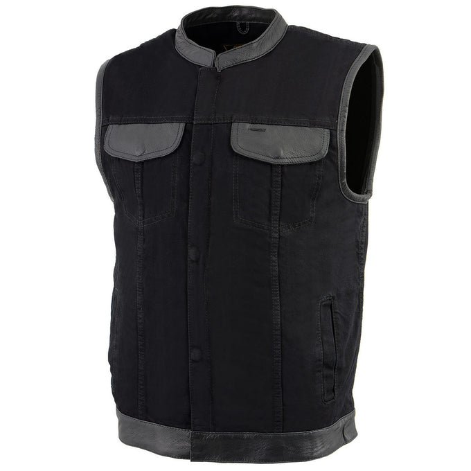 Milwaukee Leather MDM3010 Men s Black Denim Club Style Biker Vest with Leather Trim and Hidden Zipper Black Small