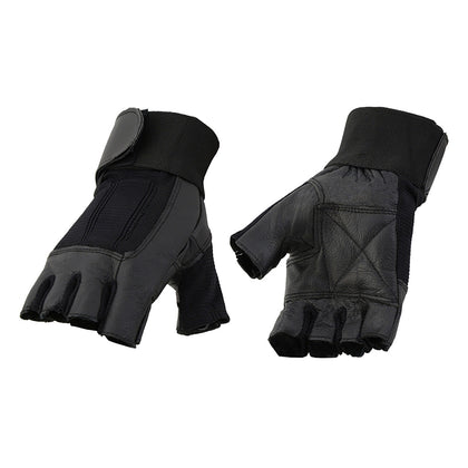 Milwaukee Leather MG7562 Men's Black Leather and Spandex Gel Padded Palm Fingerless Motorcycle Hand Gloves W/ Mesh Material