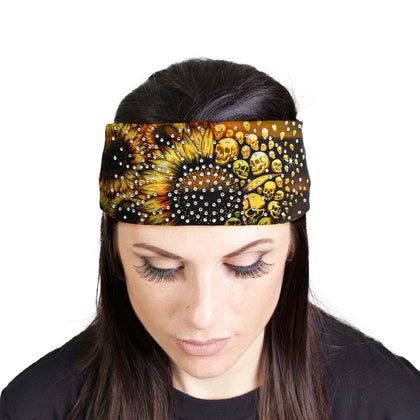 Milwaukee Leather | Bling Designed Wide Headbands-Headwraps for Women Biker Bandana with Sun Flower Skull - MLA8045
