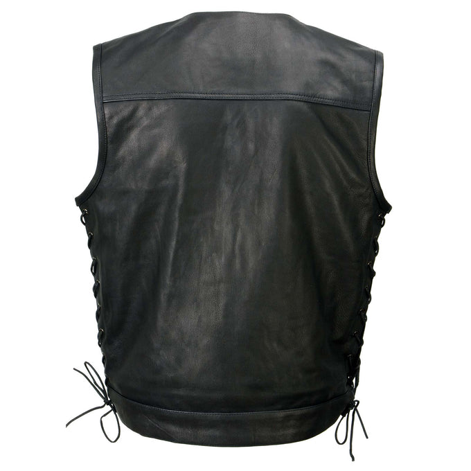 Milwaukee Leather MLM3504 Men s Black Pursuit V Neck Club Style Motorcycle Leather Vest with Adjustable Side Laces Black Small