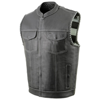 Milwaukee Leather MLM3507 Old Glory Laced Arm Holes Black Motorcycle Leather Vest for Men with Grey Stitching