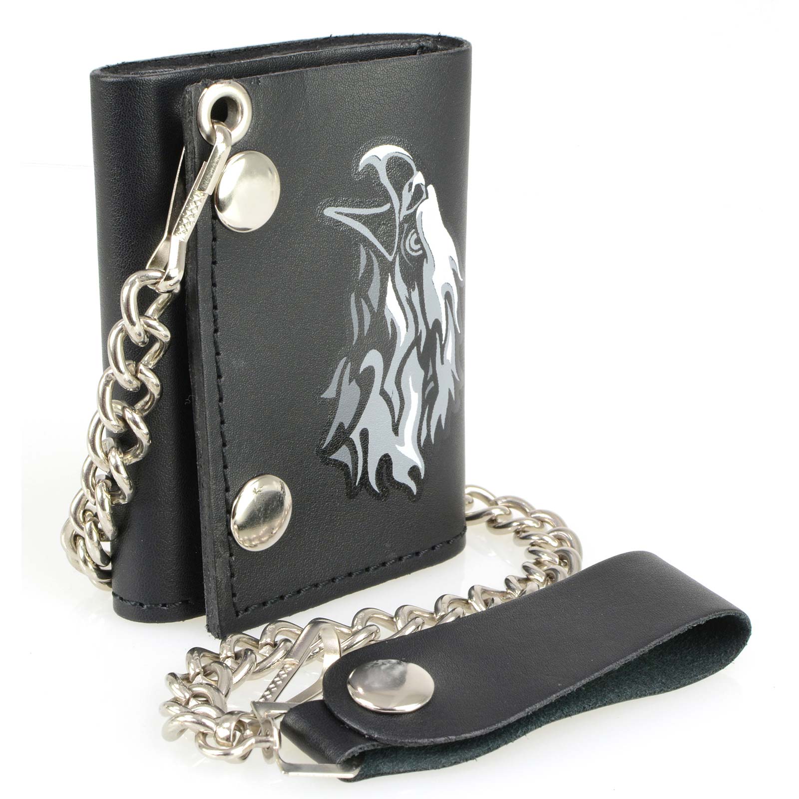 Milwaukee Leather MLW7838 Men's 4” Leather “Flaming Eagle” Tri-Fold Wallet  w/ Anti-Theft Stainless Steel Chain