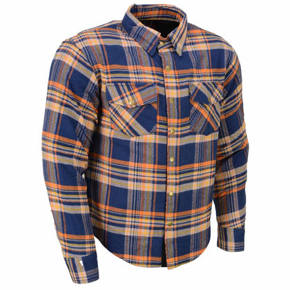 Milwaukee Leather MPM1656 Blue and Orange Flannel Biker Shirt for Men with CE Armor - Reinforced w/ Aramid Fiber