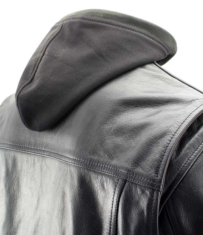 Mens Black Leather Jacket with Removable Hoodie