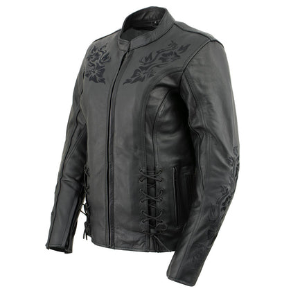 Xelement XS2030 Women's 'Gemma' Solid Black Leather Embroidered Jacket with X-Armor Protection