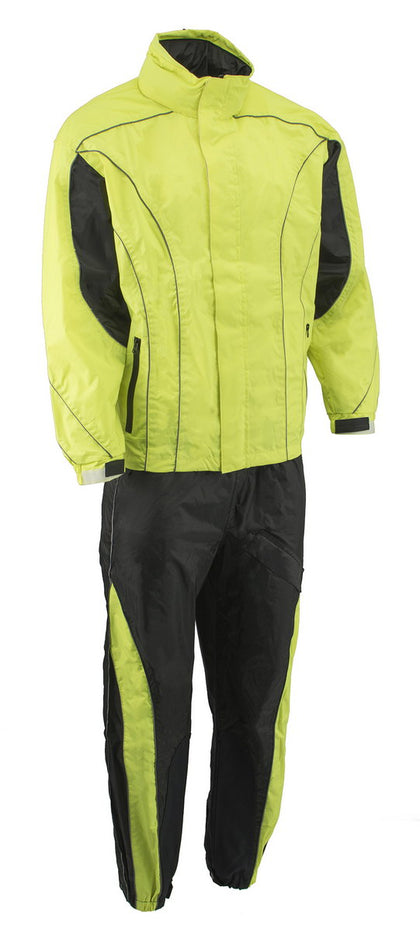 M Boss Motorcycle Apparel BOS19501 Men’s Black and High-Viz Green Two-Piece Motorcycle Rain Suit