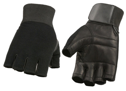 M Boss Motorcycle Apparel BOS37562 Men's Black Leather with Spandex Fingerless Gloves