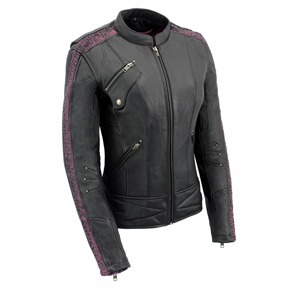 Milwaukee Leather MLL2570 Women's 'Phoenix Embroidered' Black and Fuchsia  Pink Leather Motorcycle Jacket - Black / X-Small